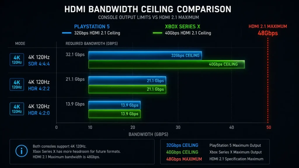 Data visualization chart comparing PS5 32Gbps and Xbox Series X 40Gbps HDMI bandwidth limits against 4K 120Hz configurations.