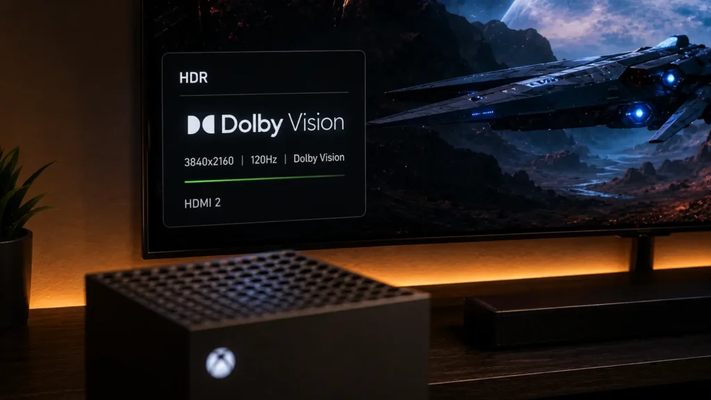 Close-up of a TV screen displaying the active Dolby Vision HDR indicator with an Xbox Series X console in the foreground.