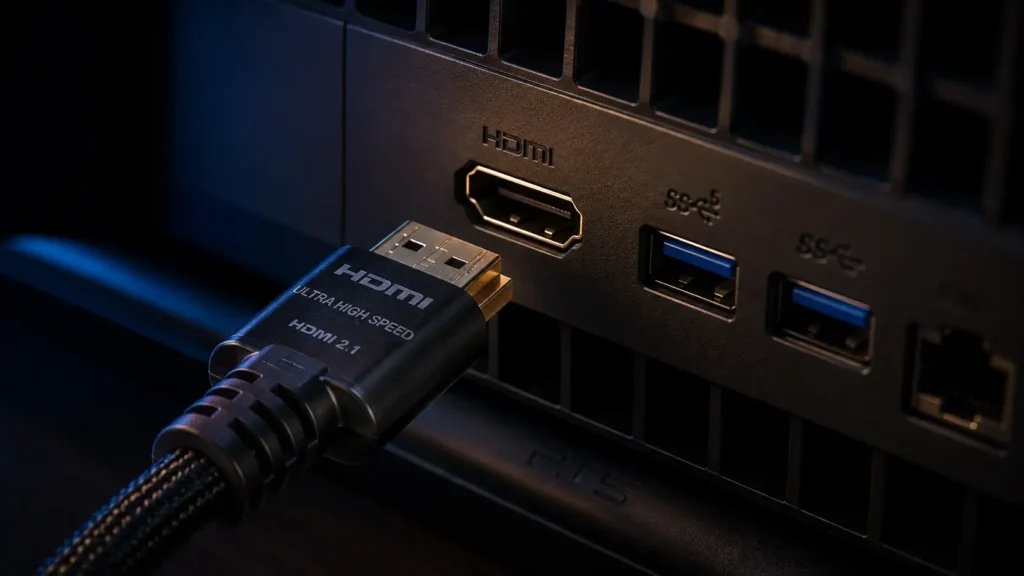 Macro close-up of a gaming console's rear HDMI port and a premium braided HDMI 2.1 cable.