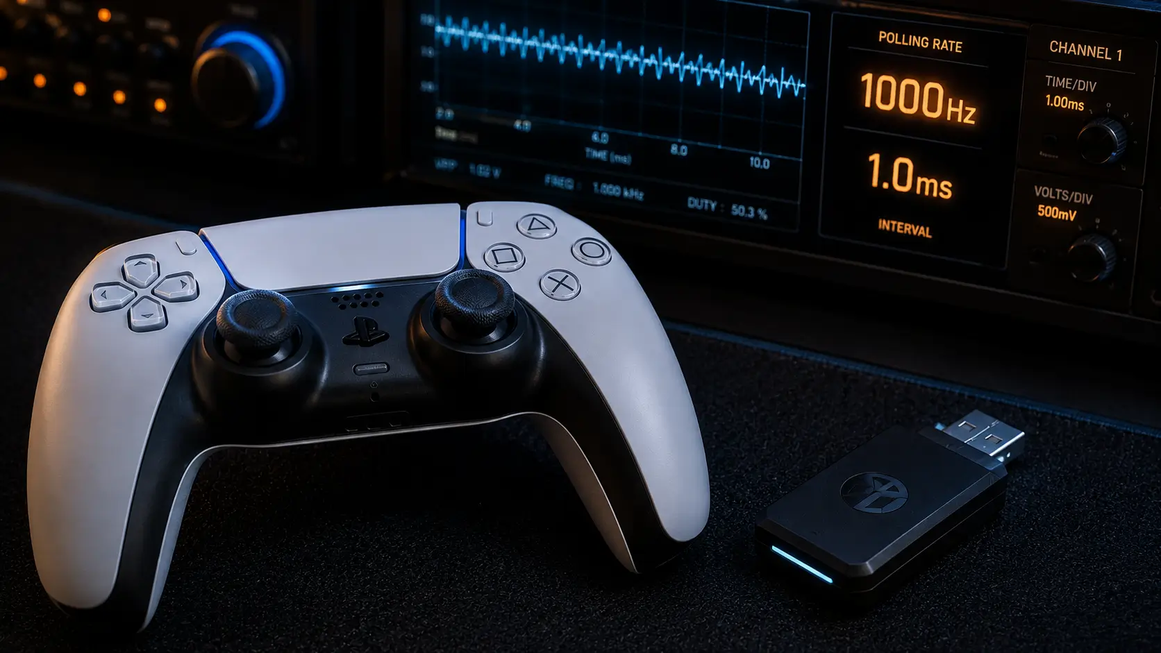 PlayStation controller next to a third-party 1000Hz wireless USB dongle and an oscilloscope latency testing screen.