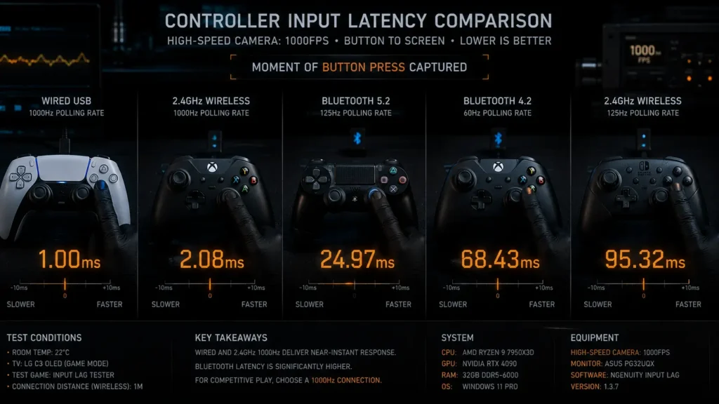 High-speed camera comparison showing millisecond latency timestamps for official wireless and third-party 1000Hz dongle connections.