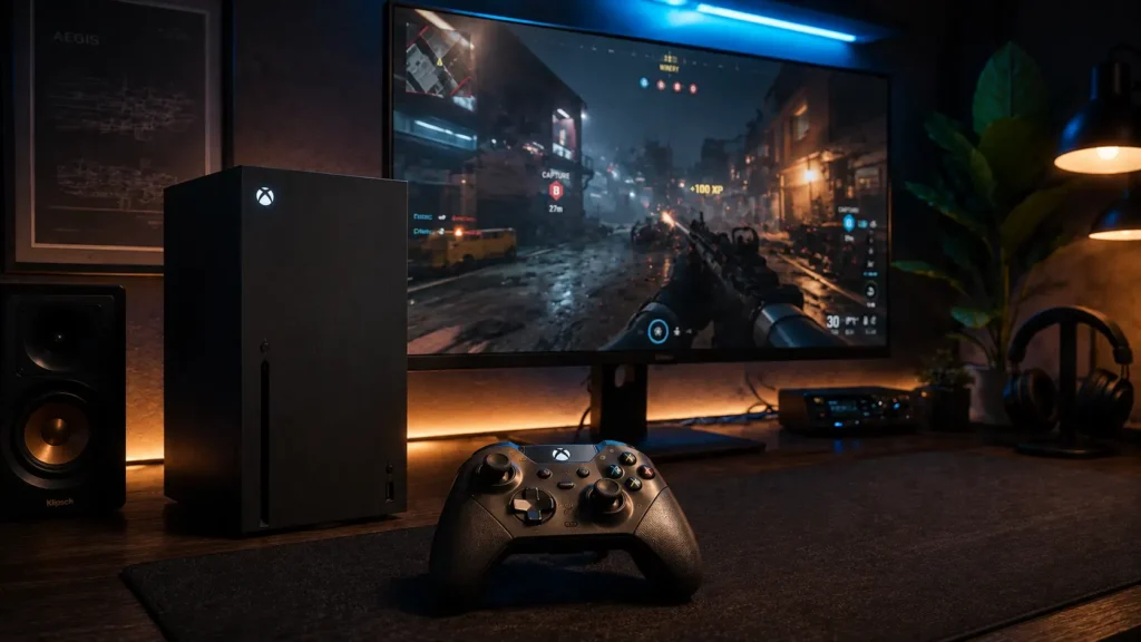 A complete console gaming desk setup featuring a controller, console, and monitor to illustrate the full input lag chain.