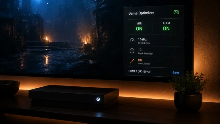 A modern TV screen showing an active VRR and ALLM on-screen status indicator overlay with a gaming console visible below.