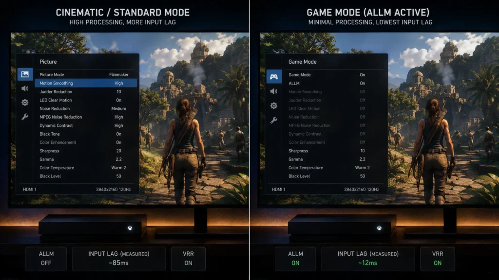 Split-screen comparison of a TV in standard picture mode versus game mode with ALLM active, showing on-screen processing settings.