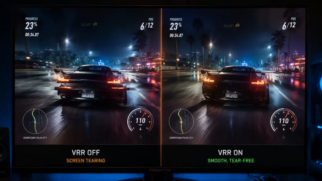 Split-screen comparison showing horizontal screen tearing without VRR versus smooth synchronized output with VRR on a gaming monitor.