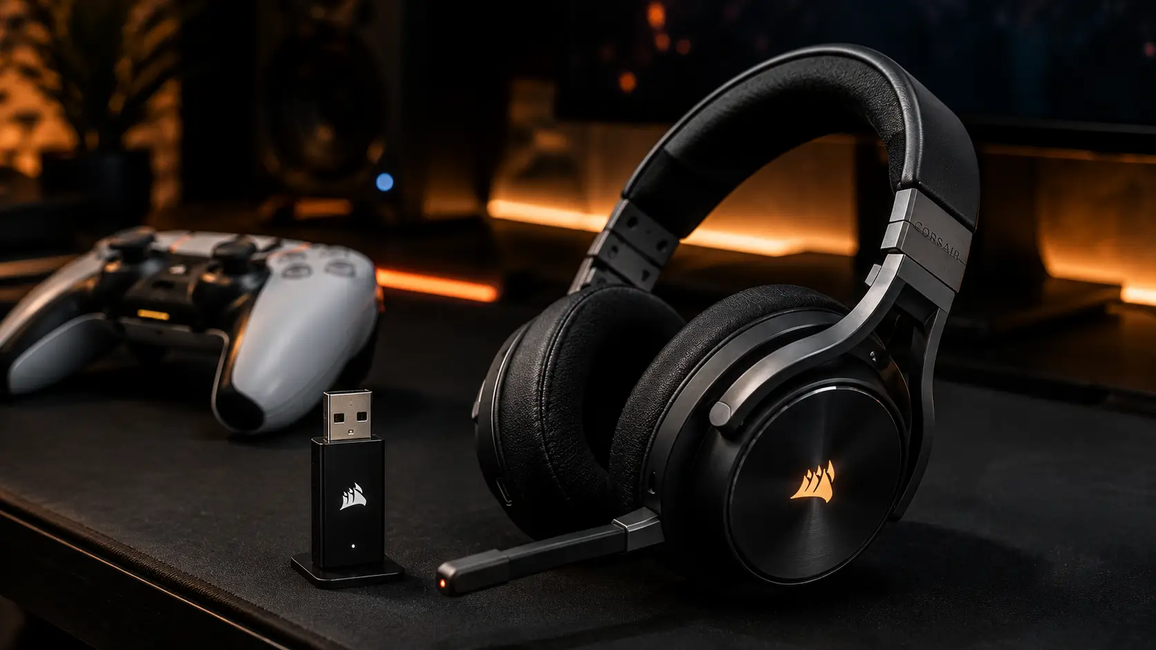 A wireless gaming headset resting on a desk next to its USB dongle with a PS5 controller in the background.