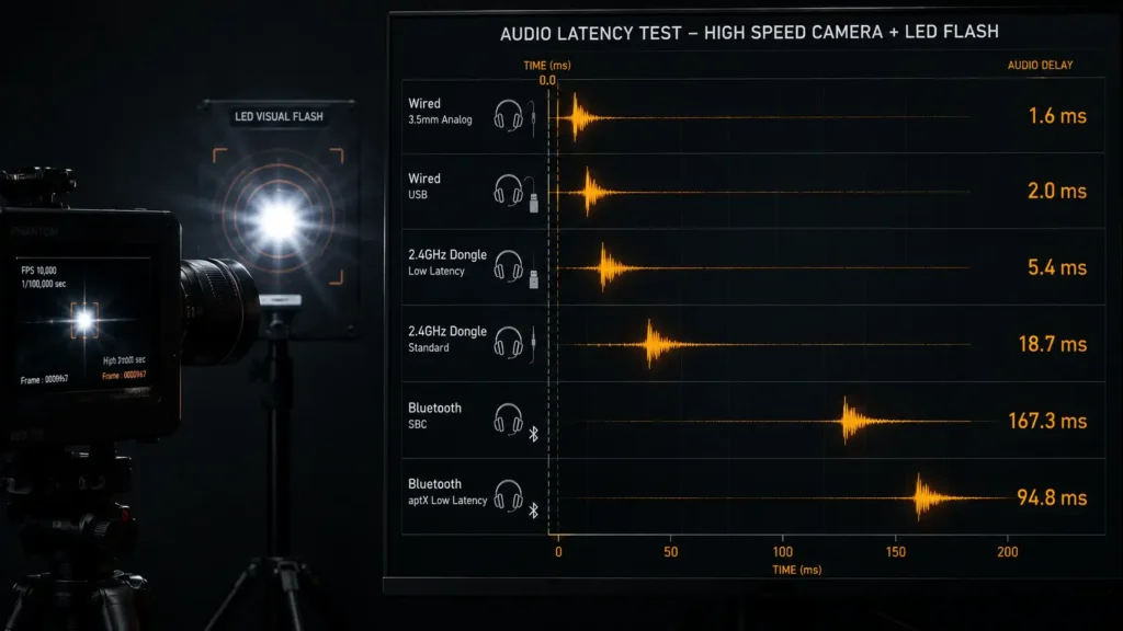 High-speed camera comparison showing a visual flash and audio waveform timing overlay across six console headset connection methods.