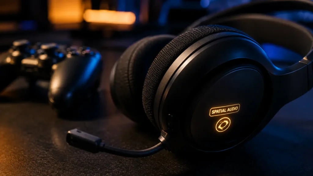 Close-up of a headset's spatial audio indicator light in a dark room setting with a controller visible in soft focus in the background.