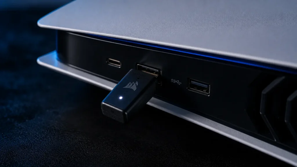 Macro close-up of a proprietary 2.4GHz USB wireless headset dongle plugged into the front port of a gaming console.