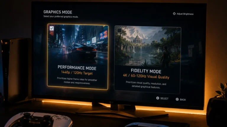 A gaming monitor displaying in-game graphics settings comparing Performance Mode and Fidelity Mode on console.
