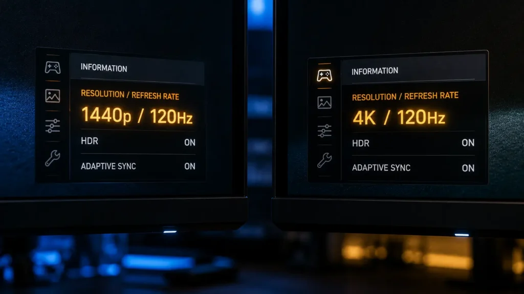 Close-up shot comparing two monitor OSD refresh readouts side by side against a dark background.