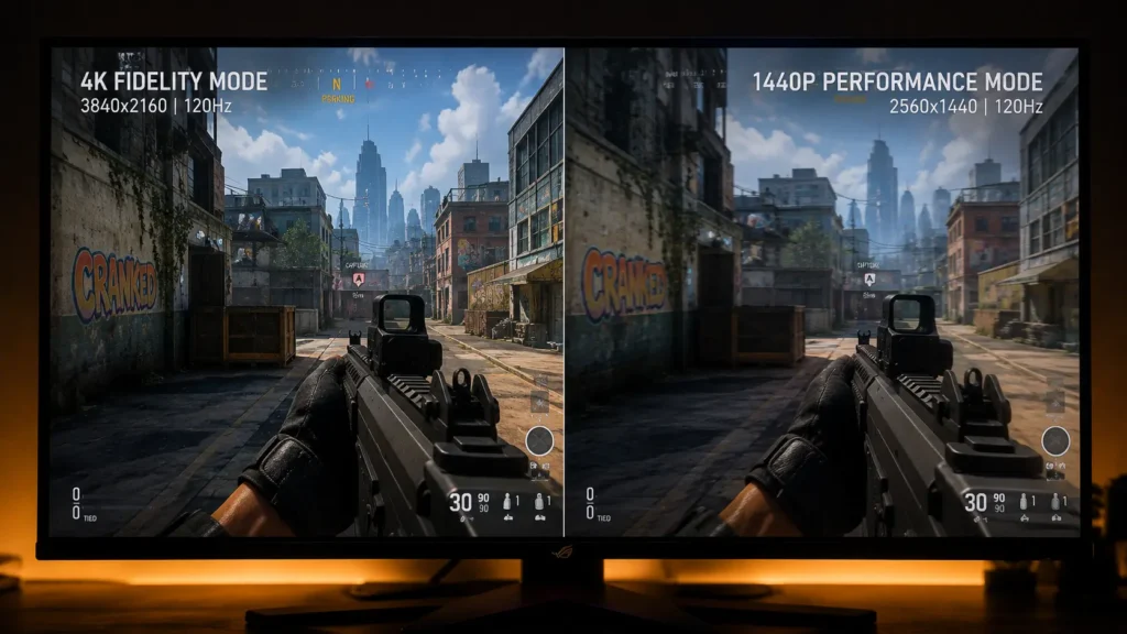 Side-by-side in-game visual detail comparison showing Fidelity mode 4K textures versus Performance mode 1440p rendering.