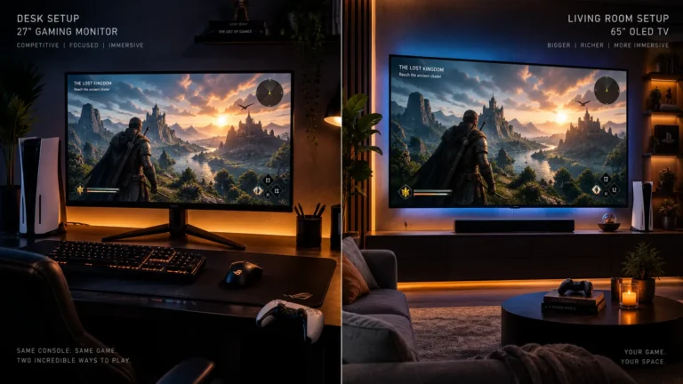 Split comparison shot showing a gaming console connected to a desk monitor on one side and a living room TV on the other.