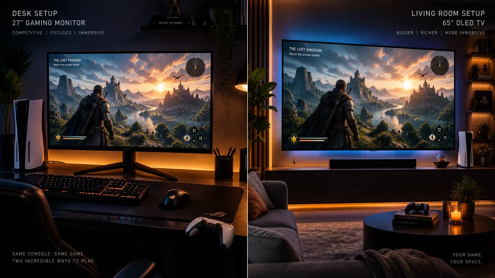 Split comparison shot showing a gaming console connected to a desk monitor on one side and a living room TV on the other.