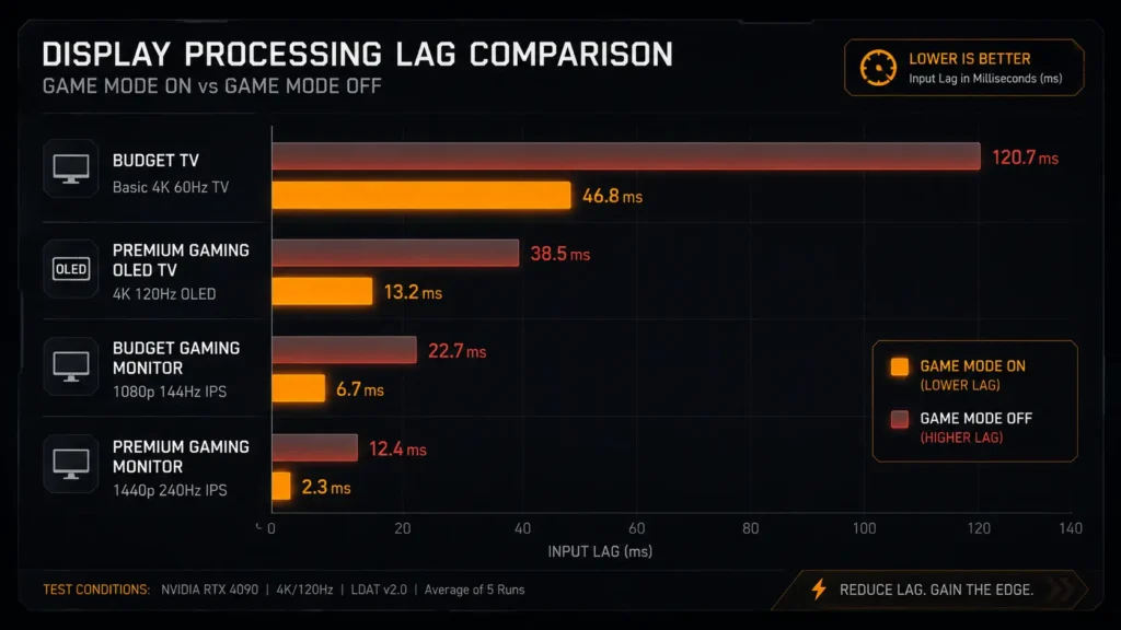 Bar chart comparing display processing lag with Game Mode ON versus Game Mode OFF across monitor and TV categories.