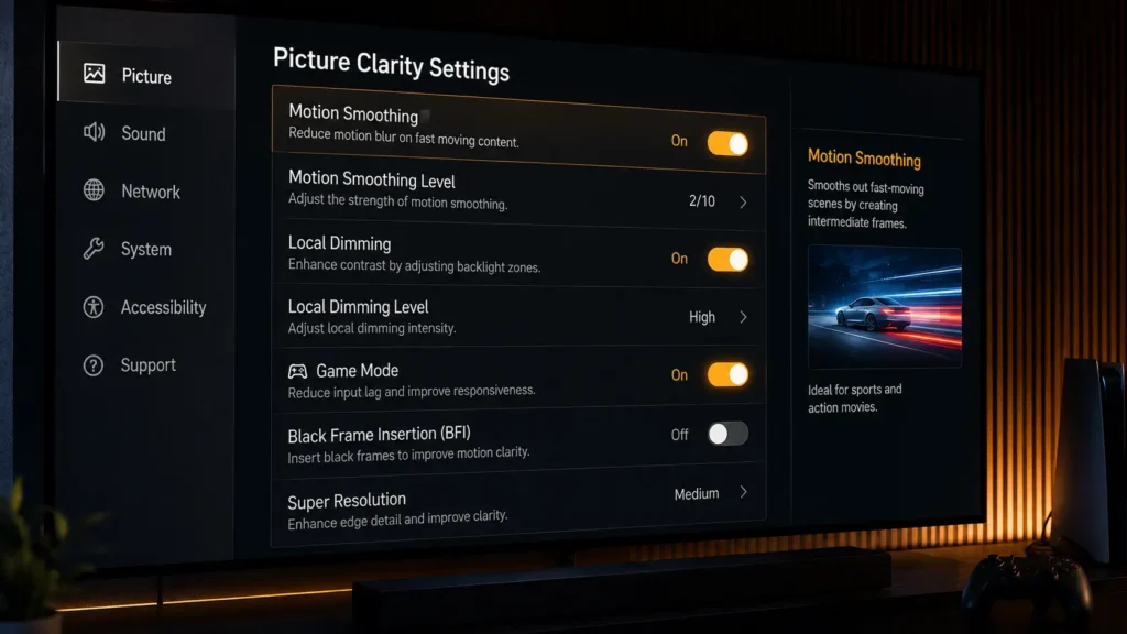 Close-up of a TV's processing settings menu showing motion smoothing, local dimming, and game mode toggles with amber UI highlights.