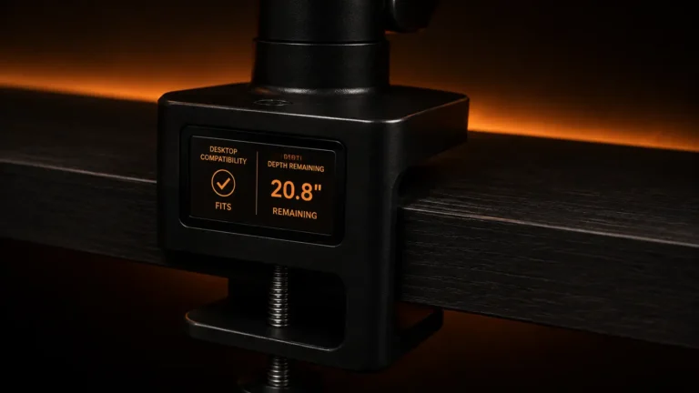 A close-up of a matte black monitor arm C-clamp gripping a dark wood desk, featuring an integrated amber digital display showing desktop compatibility and depth remaining metrics.