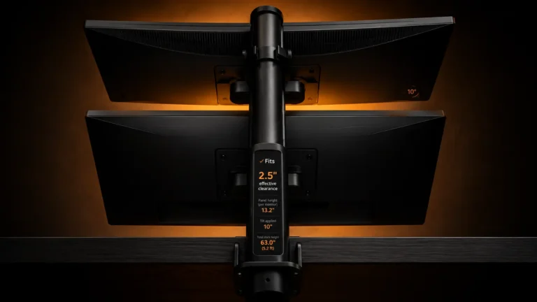 A dramatic low-angle shot of a matte black vertical monitor mounting pole on a dark desk, featuring an integrated amber digital display showing 2.5 inches of effective clearance between two stacked screens.