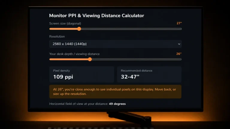 A dark desk setup displaying a monitor viewing distance calculator, showing pixel density and optimal viewing distance metrics.