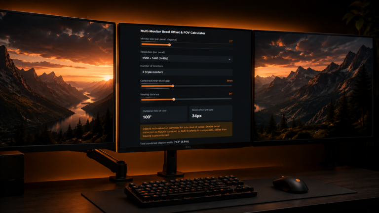A triple monitor gaming setup on a dark desk with an amber glow, displaying a multi-monitor bezel offset and FOV calculator on the center screen.