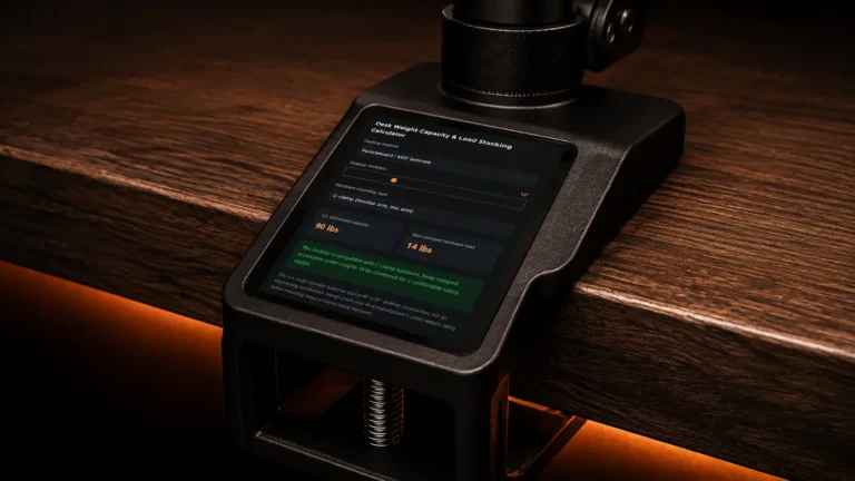 A heavy-duty C-clamp mounted to a thick wood desk in a dark room, featuring an integrated digital display showing desk weight capacity metrics.