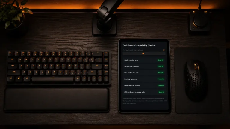 Top-down view of a shallow dark desk setup featuring a digital tablet displaying a desk depth compatibility checker.