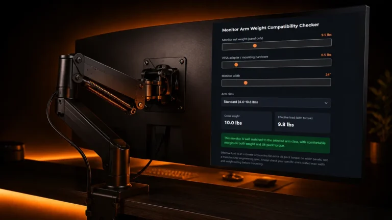 A close-up of a heavy-duty matte black monitor arm holding a curved screen that displays a weight compatibility calculator with a green success badge.