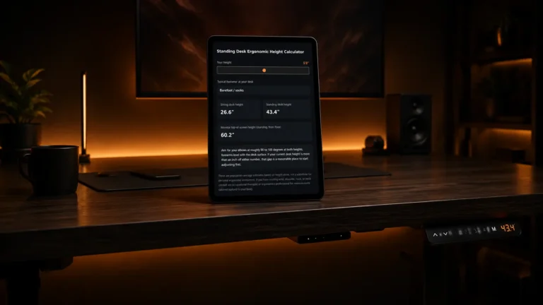 A premium motorized standing desk in a dark room with amber lighting, featuring a digital tablet displaying an ergonomic desk height calculator.