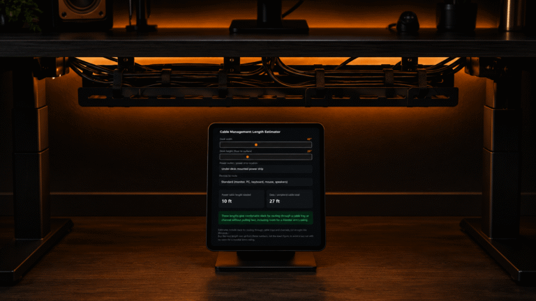 A cinematic under-desk view of a perfectly organized cable management tray with amber LED lighting, featuring a digital tablet displaying a cable length calculator.