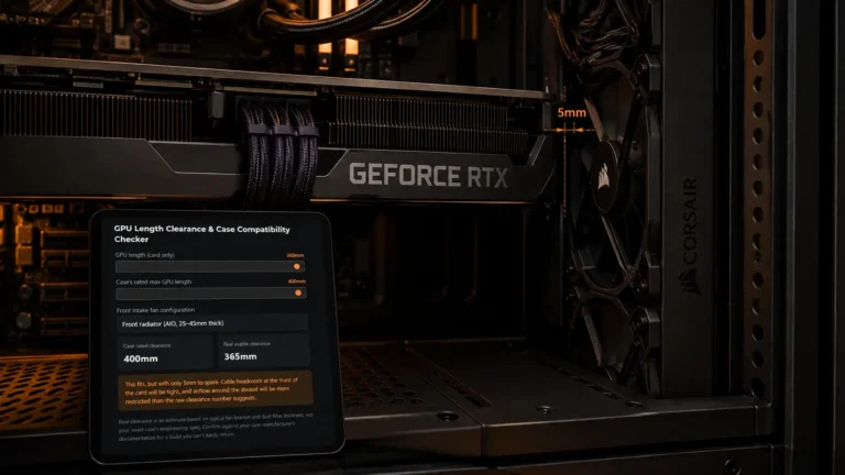 An extreme close-up inside a PC case showing a massive GPU with very tight clearance against a front radiator, featuring a digital screen displaying a clearance calculator with an amber warning.