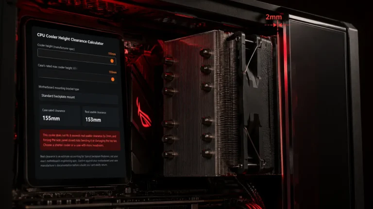 An extreme close-up inside a PC case showing a tall CPU cooler failing to clear the glass side panel, with a digital screen displaying a clearance calculator and a red warning badge.
