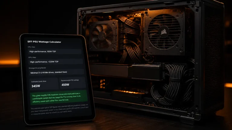 A cinematic close-up of a compact small form factor PC build focusing on a premium SFX power supply, with a digital tablet displaying a PSU wattage calculator and a green success badge.