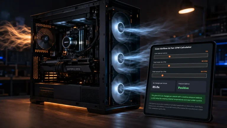 A cinematic view of a PC case with cooling fans spinning, featuring a digital tablet displaying a case airflow calculator with a positive pressure rating.